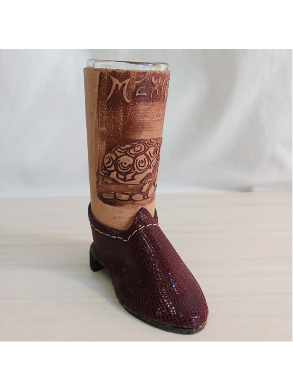 VTG Miniature Tooled Brown Leather Snake Cowboy Boot Tequila Shot Glass Mexico